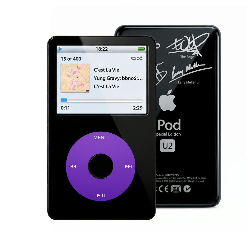Black refurbished iPod Video 5.5 Gen with Purple click wheel and Black U2 back plate