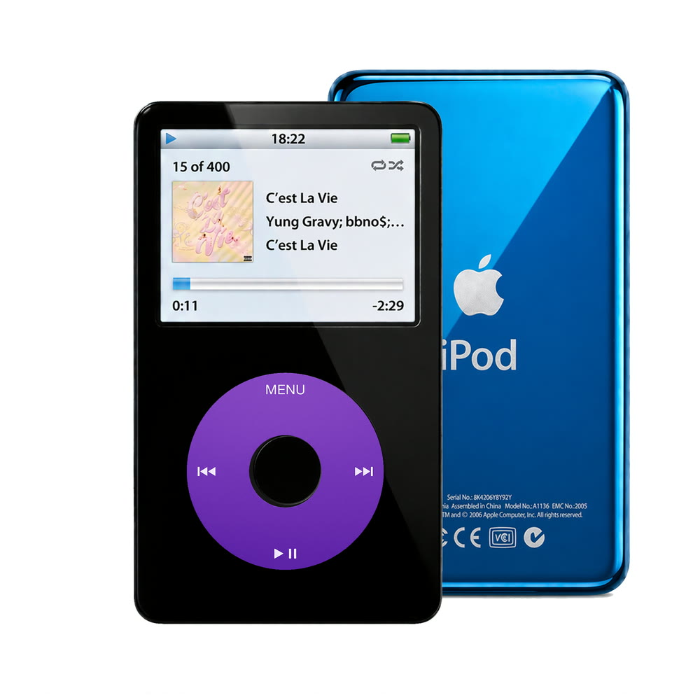 Black refurbished iPod Video 5.5 Gen with Purple click wheel and Blue back plate