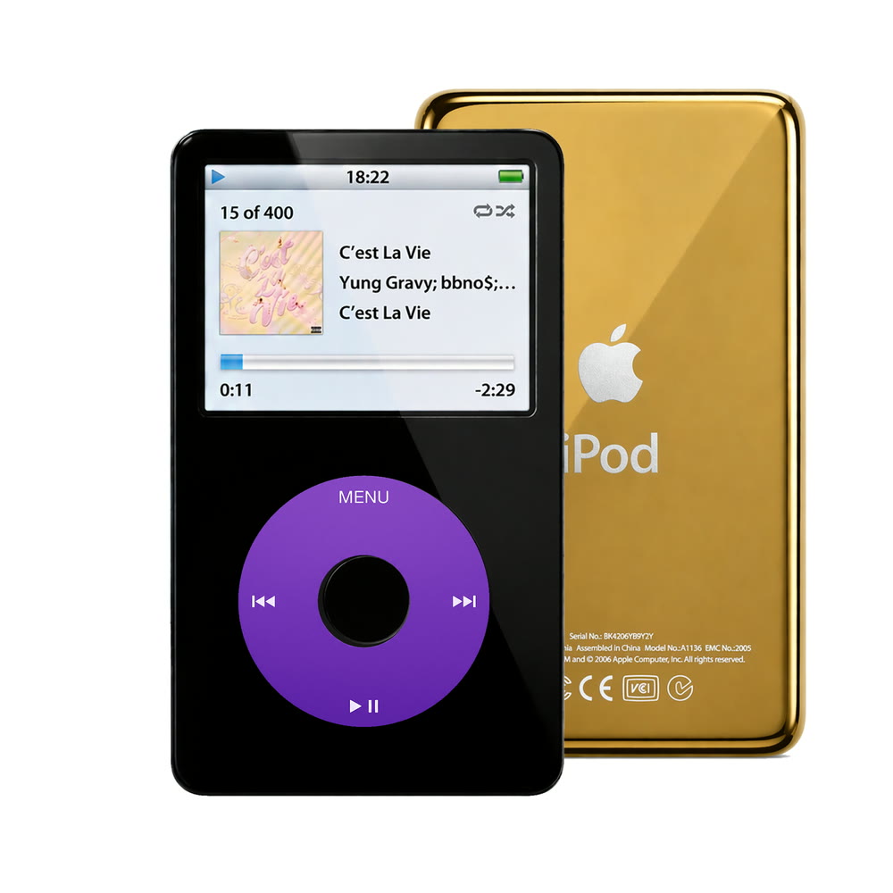 Black refurbished iPod Video 5.5 Gen with Purple click wheel and Gold back plate