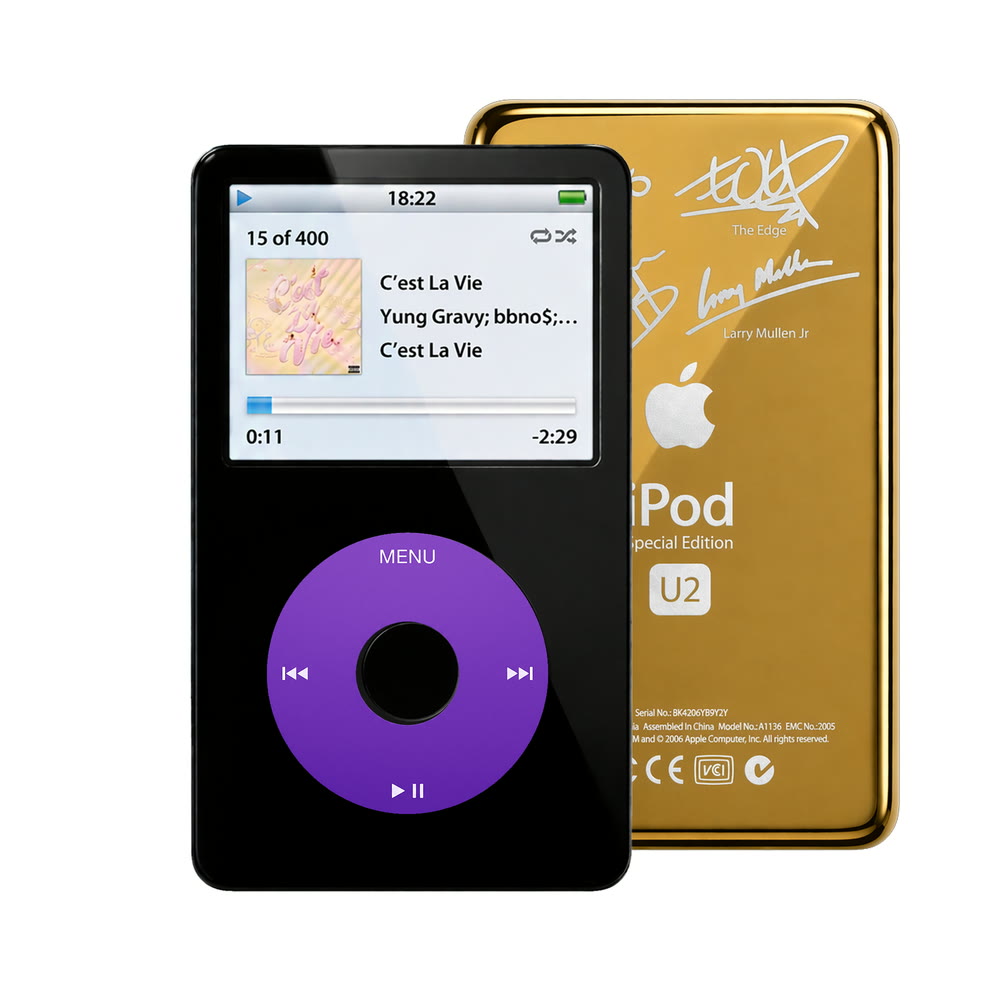 Black refurbished iPod Video 5.5 Gen with Purple click wheel and Gold U2 back plate