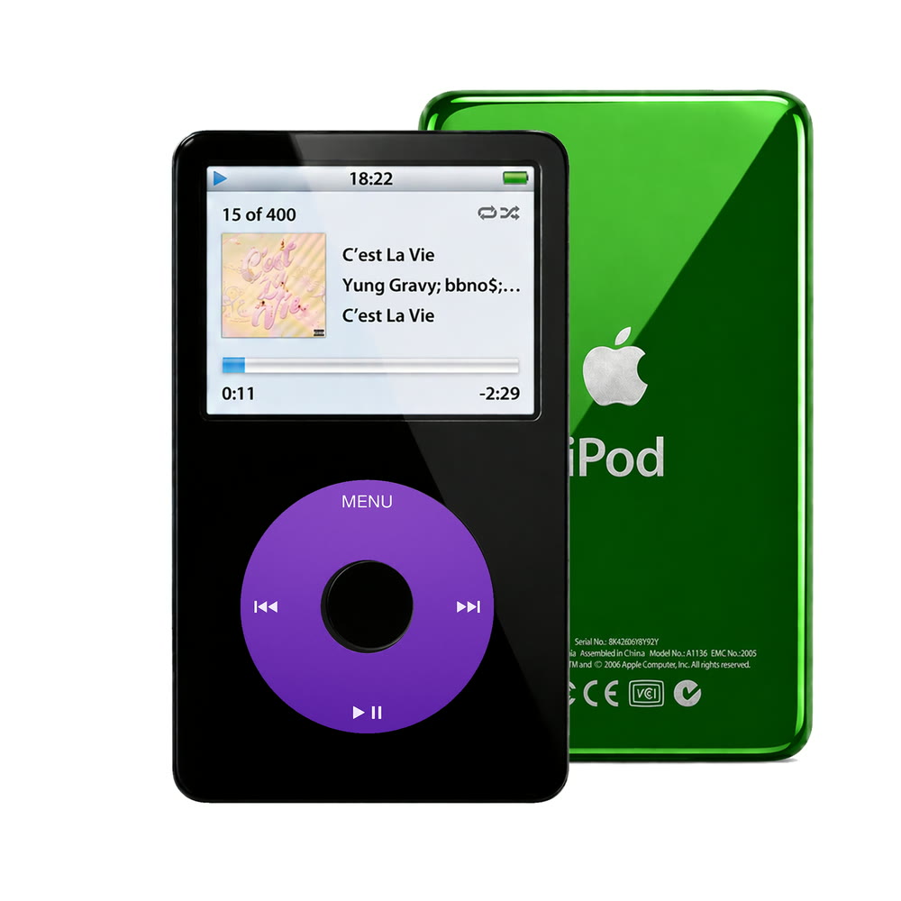 Black refurbished iPod Video 5.5 Gen with Purple click wheel and Green back plate