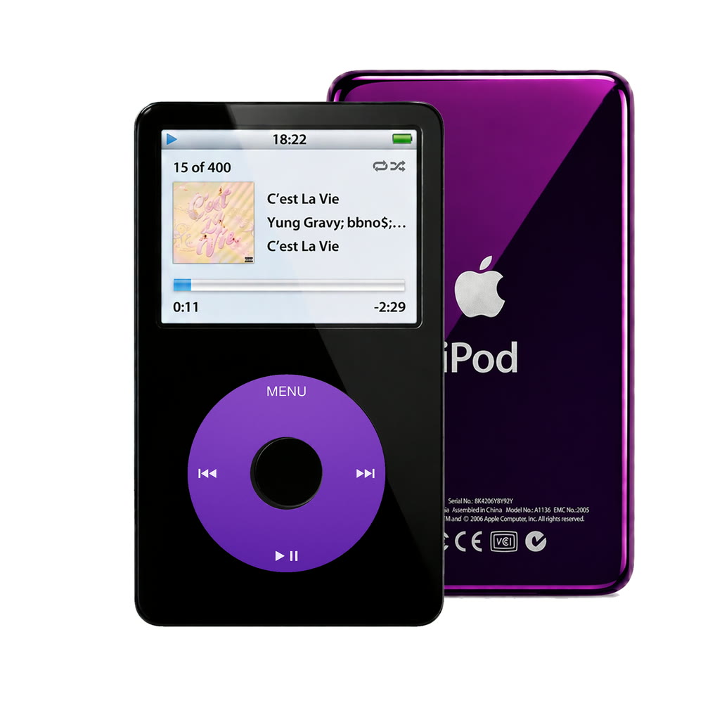 Black refurbished iPod Video 5.5 Gen with Purple click wheel and Purple back plate