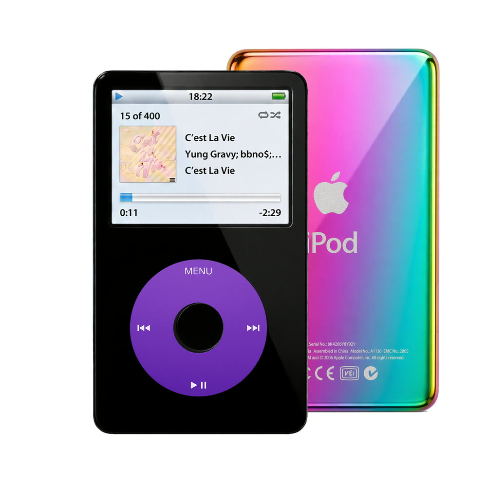 Black refurbished iPod Video 5.5 Gen with Purple click wheel and Rainbow back plate