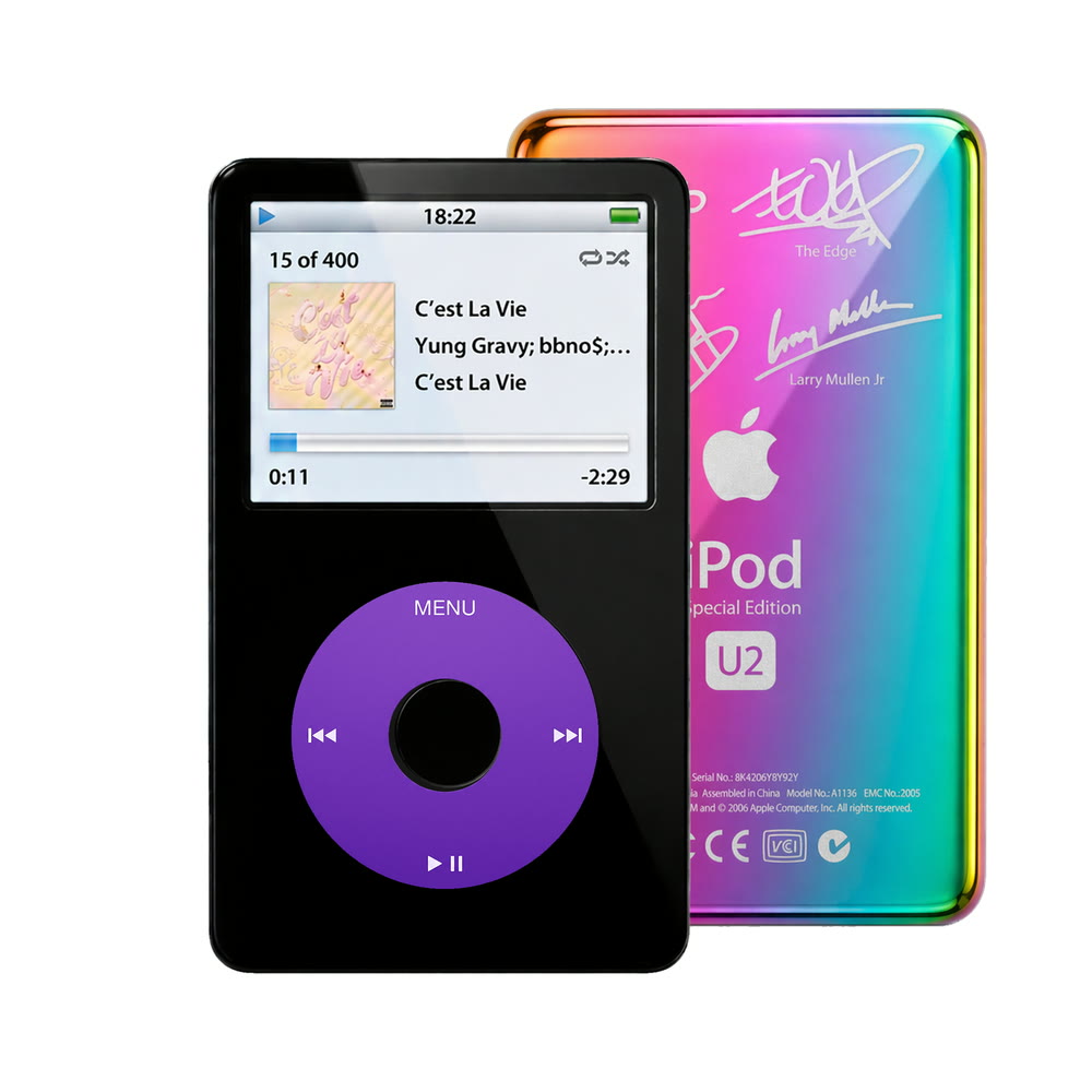 Black refurbished iPod Video 5.5 Gen with Purple click wheel and Rainbow U2 back plate