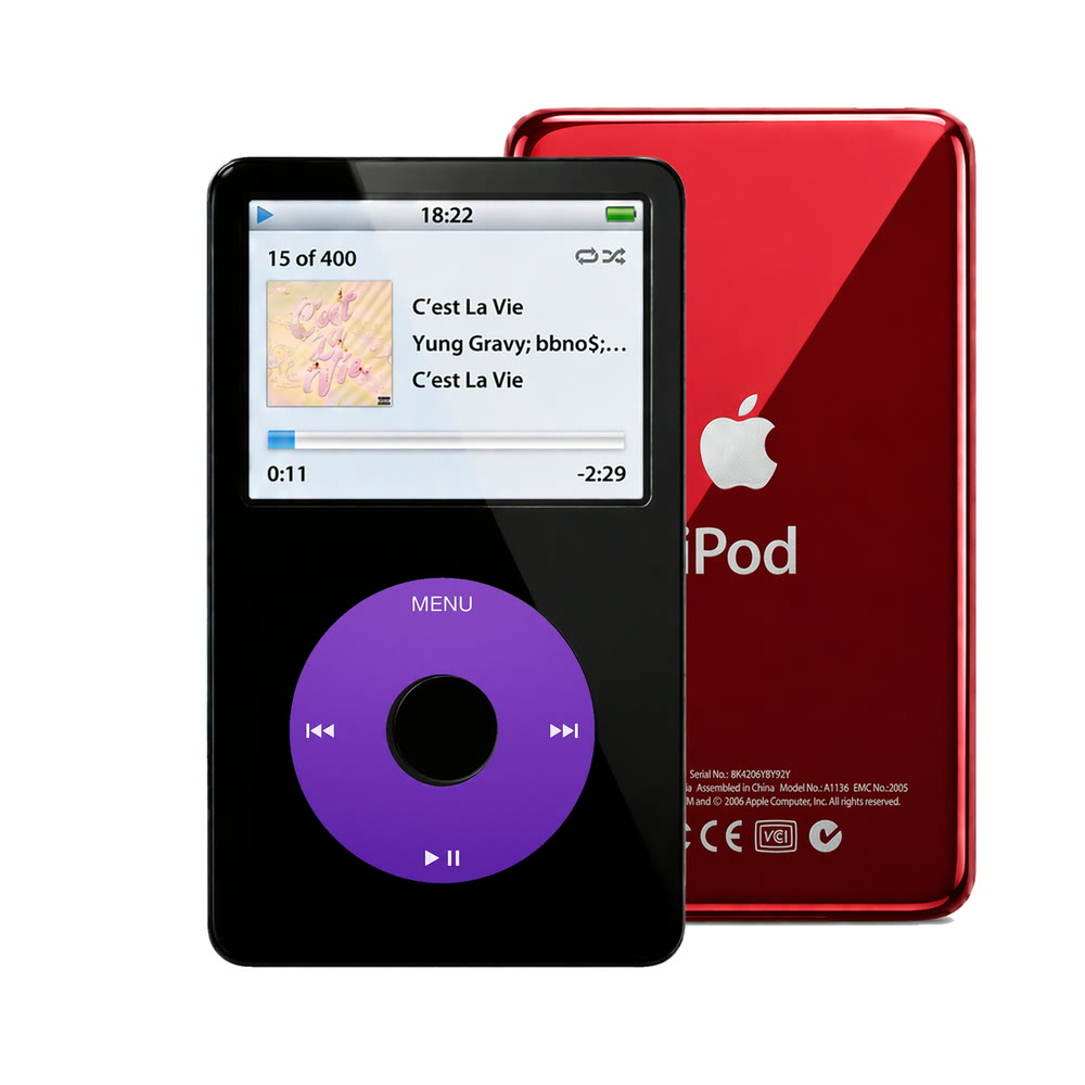 Black refurbished iPod Video 5.5 Gen with Purple click wheel and Red back plate