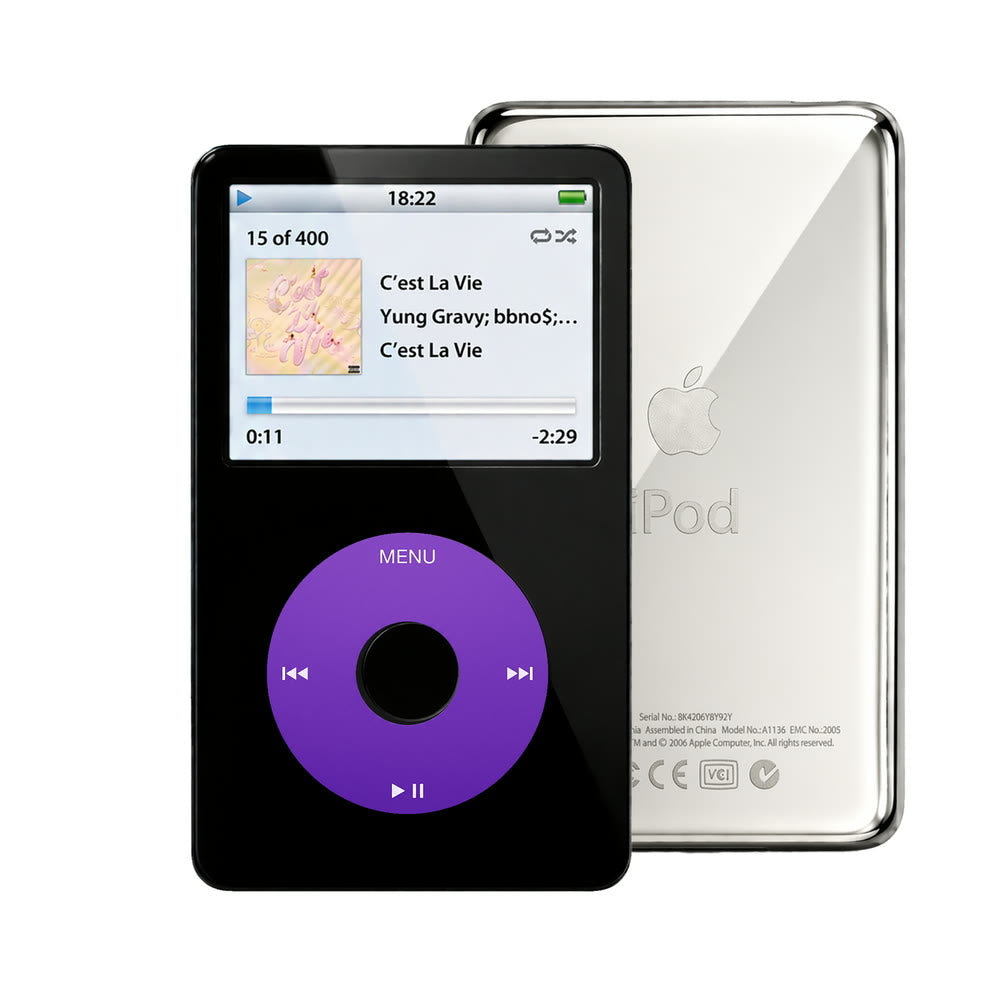 Black refurbished iPod Video 5.5 Gen with Purple click wheel and Silver back plate
