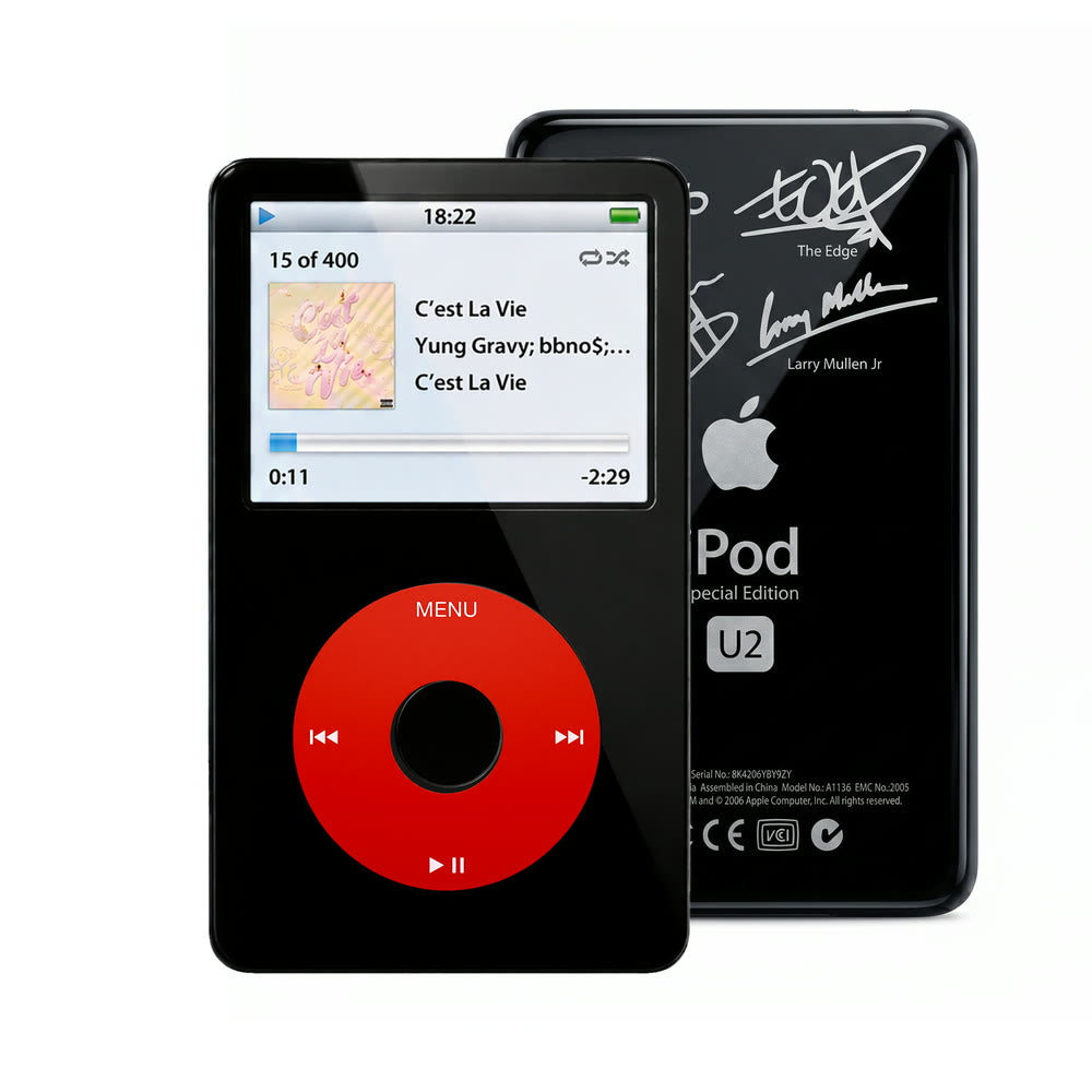 Black refurbished iPod Video 5.5 Gen with Red click wheel and Black U2 back plate