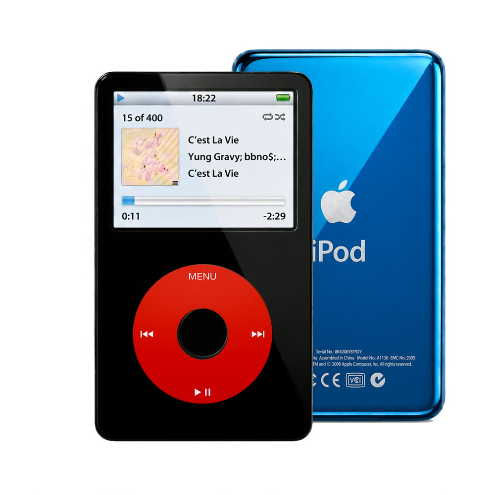 Black refurbished iPod Video 5.5 Gen with Red click wheel and Blue back plate