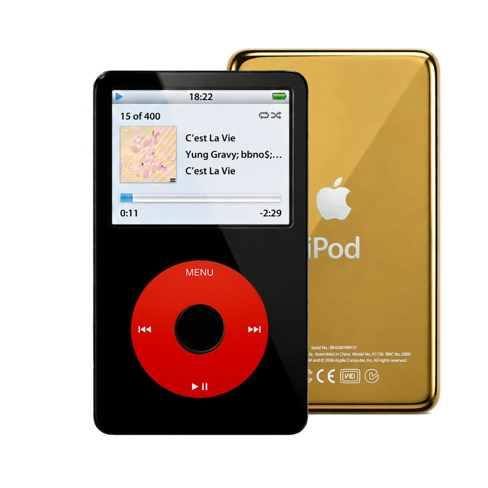 Black refurbished iPod Video 5.5 Gen with Red click wheel and Gold back plate