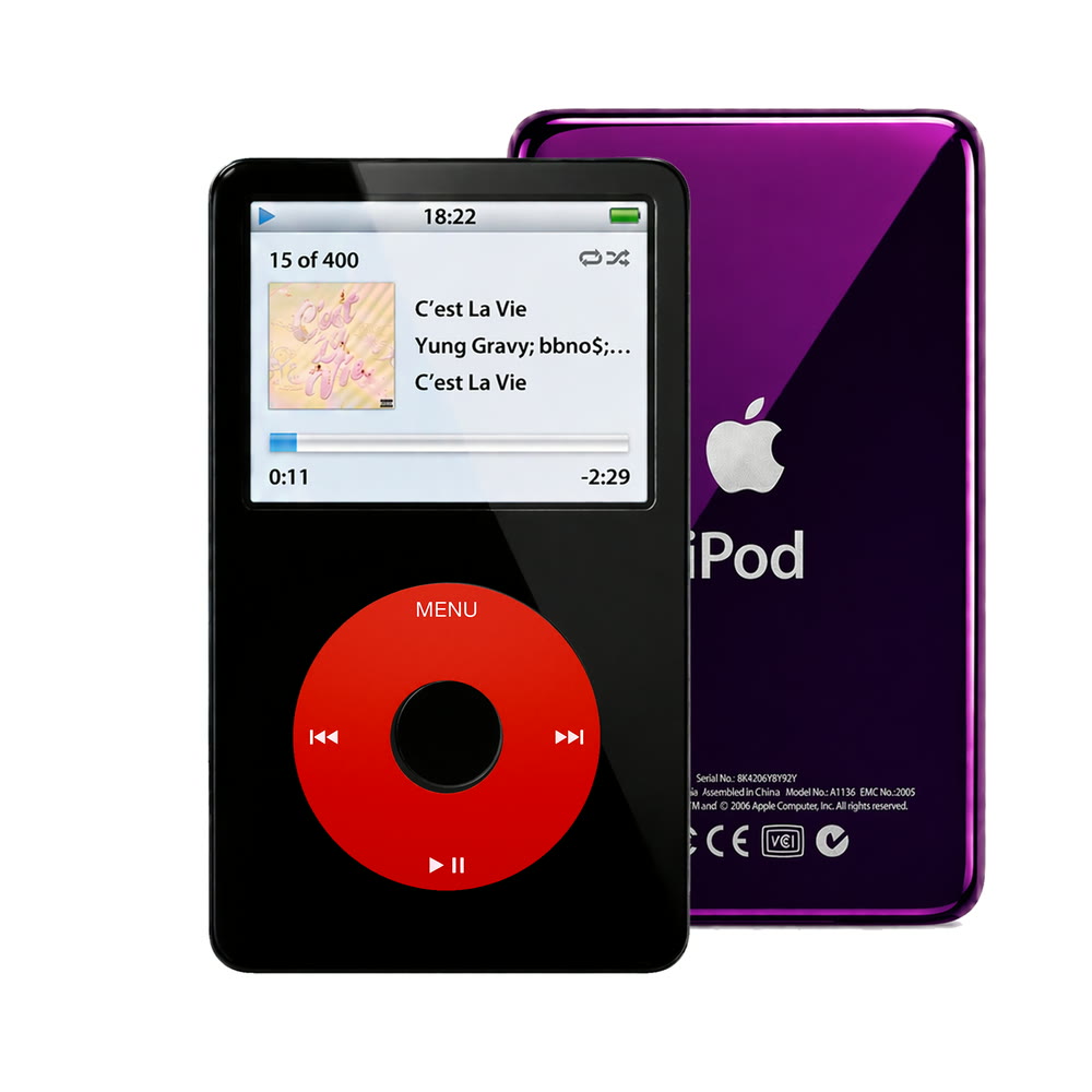 Black refurbished iPod Video 5.5 Gen with Red click wheel and Purple back plate