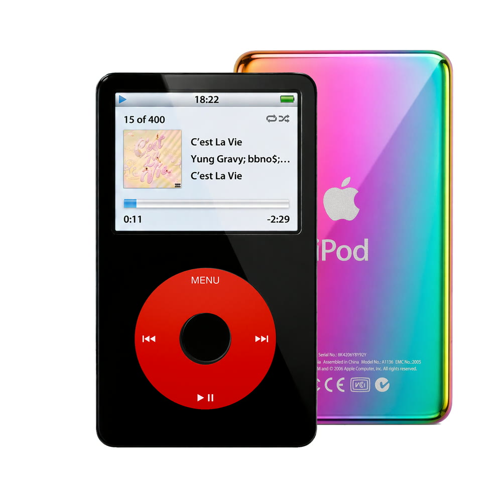 Black refurbished iPod Video 5.5 Gen with Red click wheel and Rainbow back plate