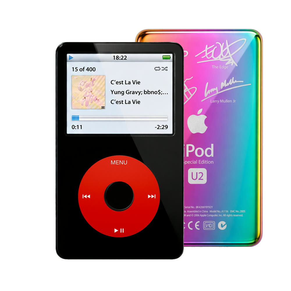Black refurbished iPod Video 5.5 Gen with Red click wheel and Rainbow U2 back plate