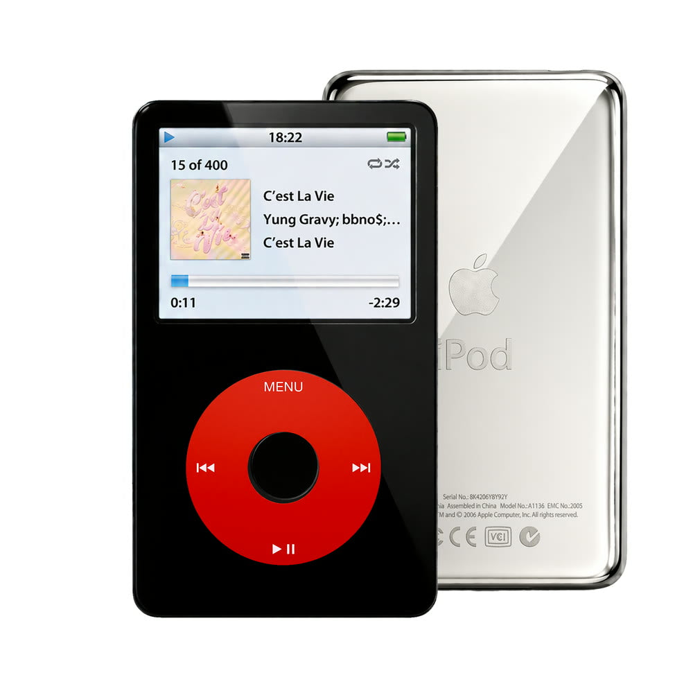 Black refurbished iPod Video 5.5 Gen with Red click wheel and Silver back plate