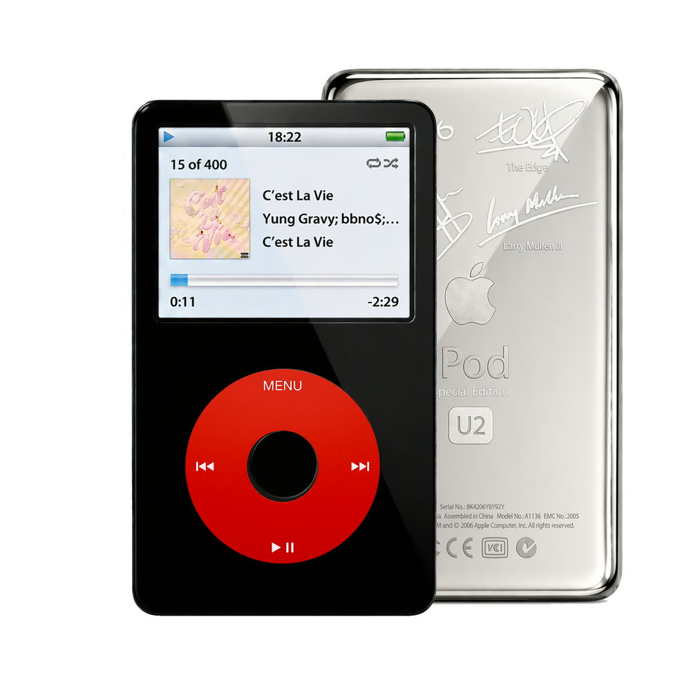 Black refurbished iPod Video 5.5 Gen with Red click wheel and Silver U2 back plate