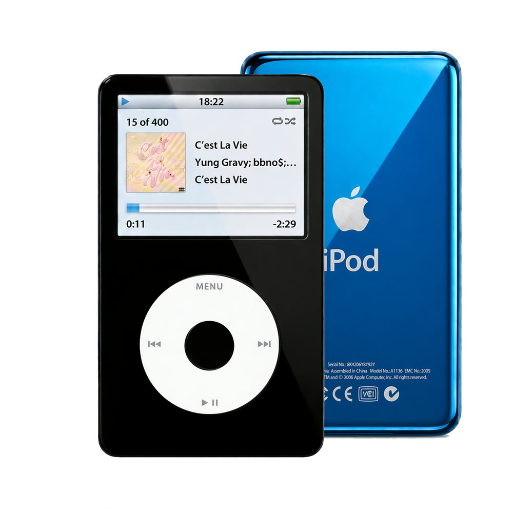 Black refurbished iPod Video 5.5 Gen with White click wheel and Blue back plate