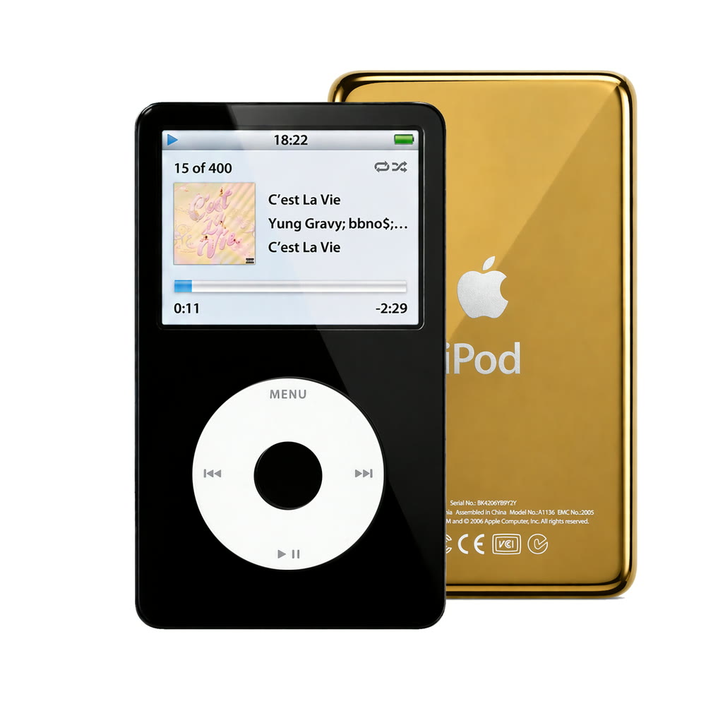 Black refurbished iPod Video 5.5 Gen with White click wheel and Gold back plate