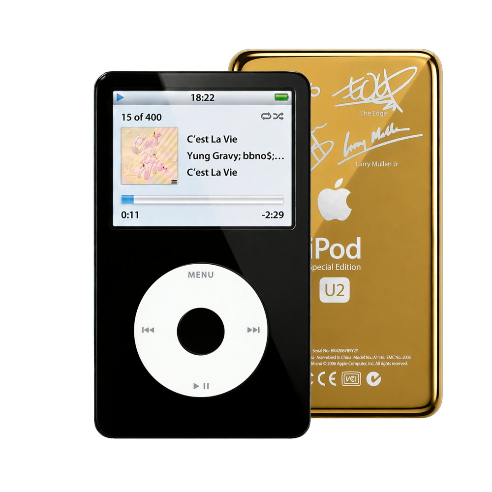 Black refurbished iPod Video 5.5 Gen with White click wheel and Gold U2 back plate