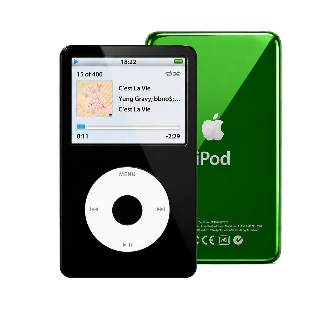 Black refurbished iPod Video 5.5 Gen with White click wheel and Green back plate