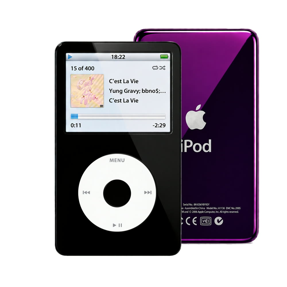 Black refurbished iPod Video 5.5 Gen with White click wheel and Purple back plate