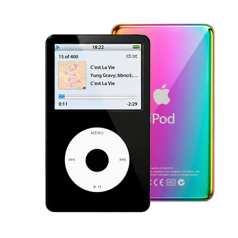 Black refurbished iPod Video 5.5 Gen with White click wheel and Rainbow back plate