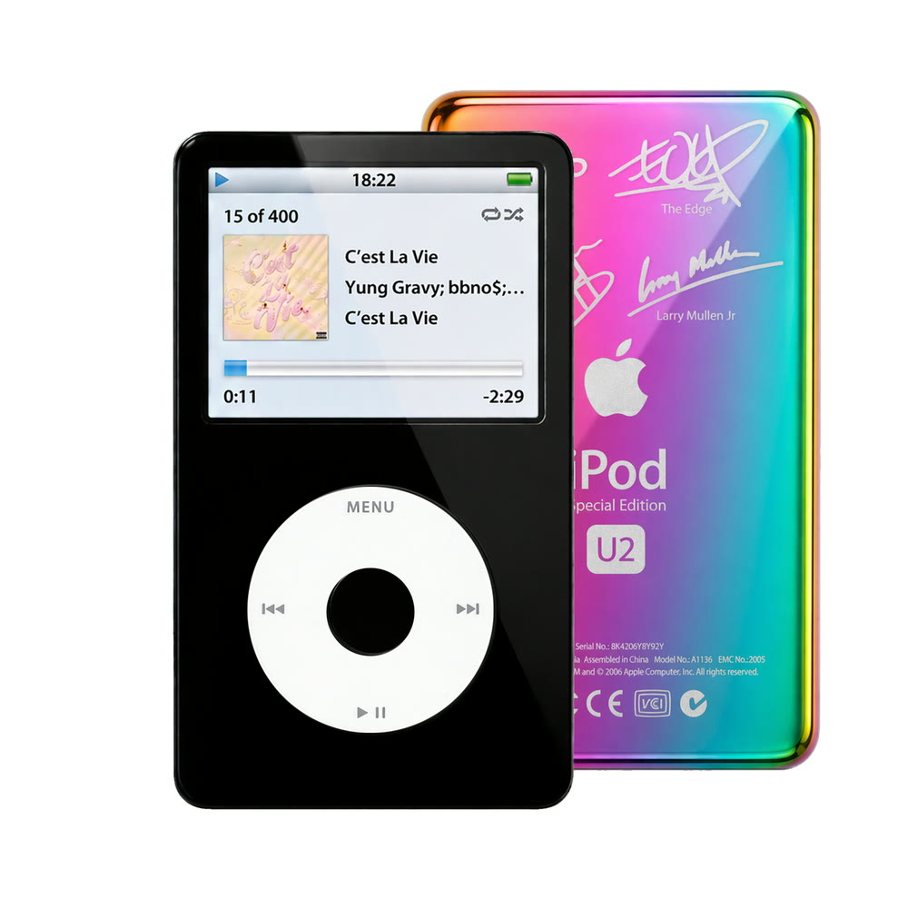 Black refurbished iPod Video 5.5 Gen with White click wheel and Rainbow U2 back plate