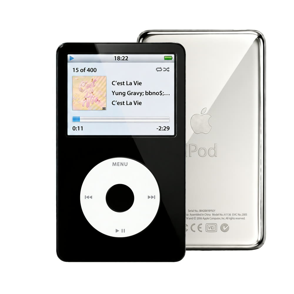 Black refurbished iPod Video 5.5 Gen with White click wheel and Silver back plate