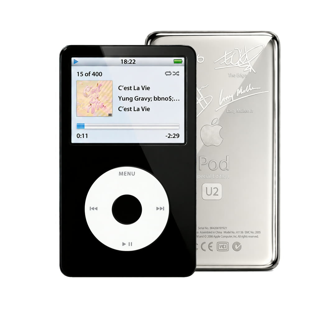 Black refurbished iPod Video 5.5 Gen with White click wheel and Silver U2 back plate
