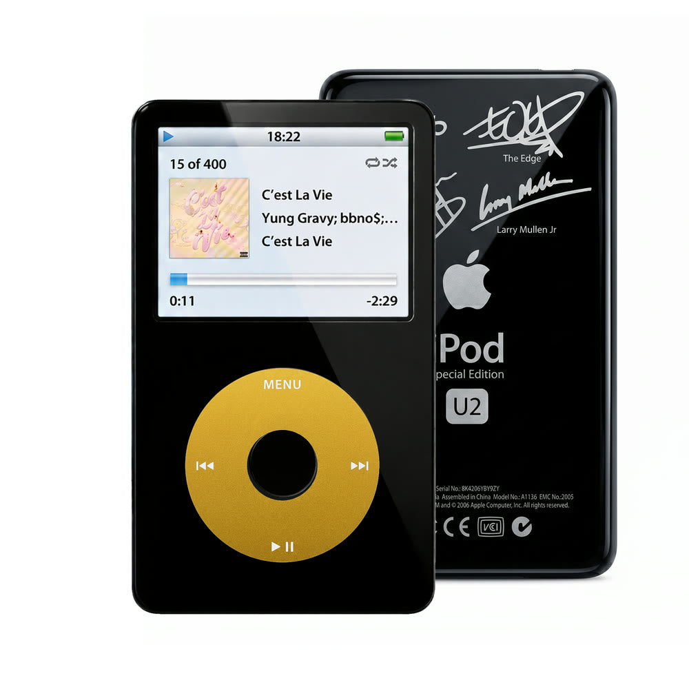 Black refurbished iPod Video 5.5 Gen with Yellow click wheel and Black U2 back plate