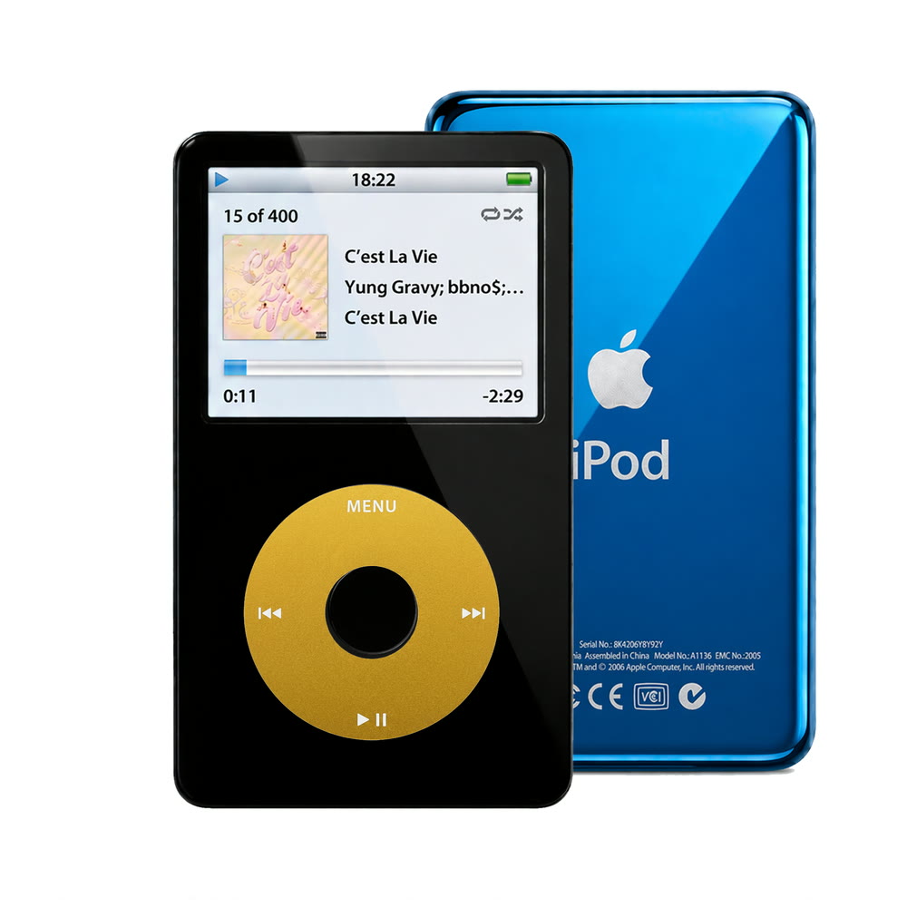 Black refurbished iPod Video 5.5 Gen with Yellow click wheel and Blue back plate