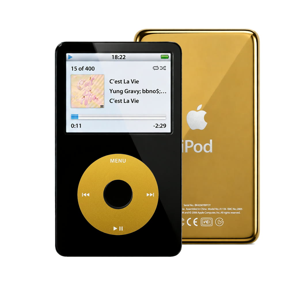 Black refurbished iPod Video 5.5 Gen with Yellow click wheel and Gold back plate