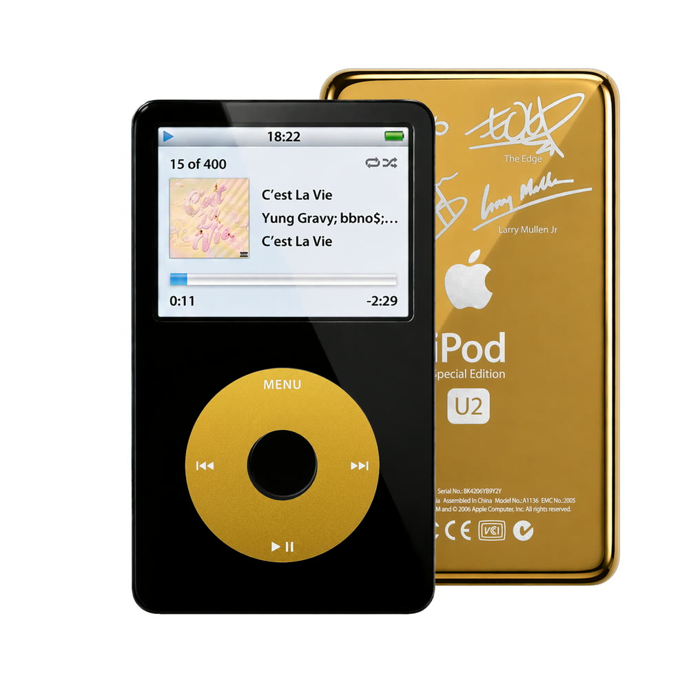 Black refurbished iPod Video 5.5 Gen with Yellow click wheel and Gold U2 back plate