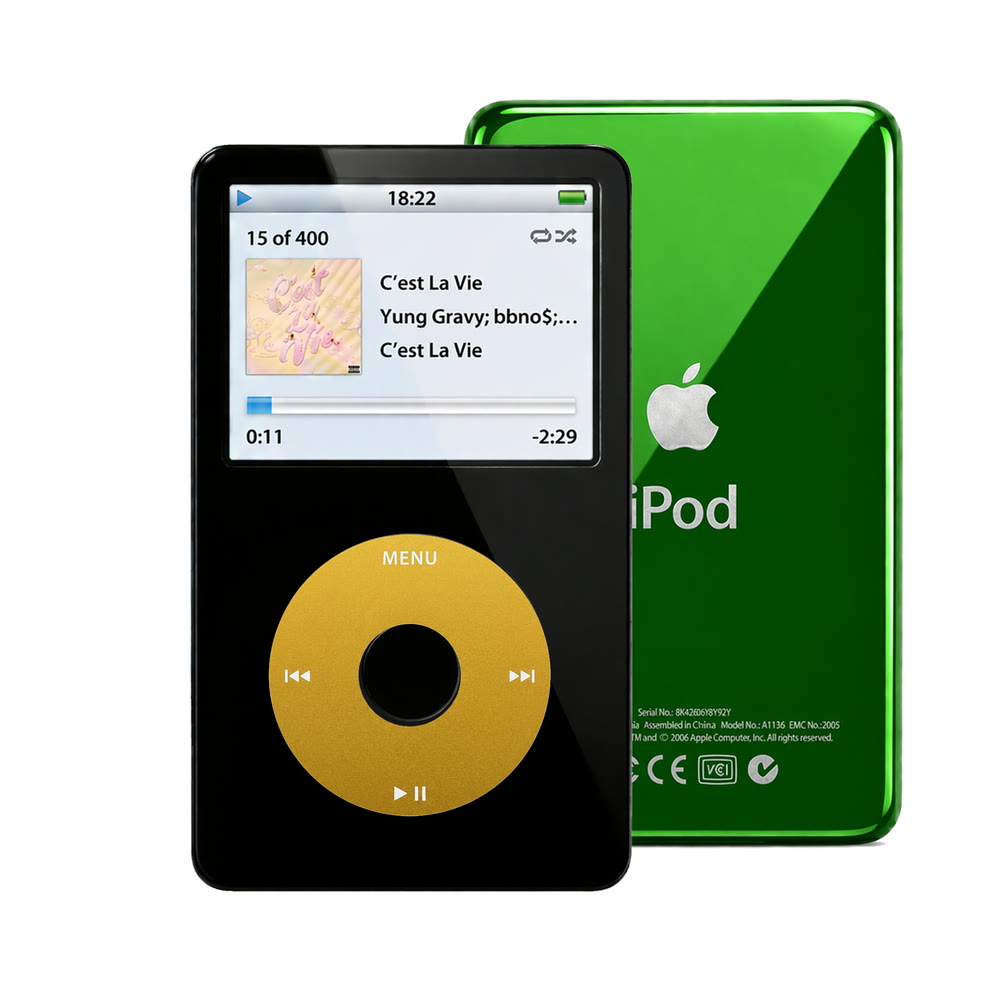 Black refurbished iPod Video 5.5 Gen with Yellow click wheel and Green back plate