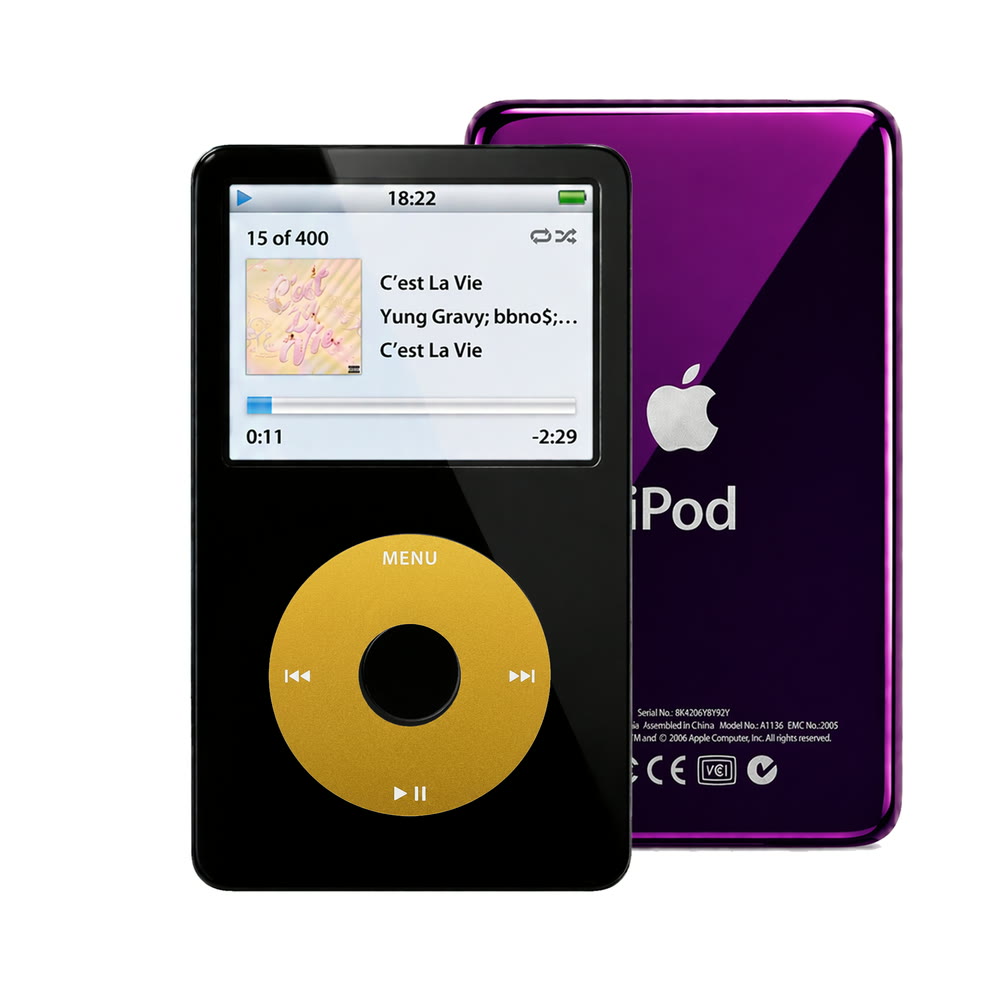 Black refurbished iPod Video 5.5 Gen with Yellow click wheel and Purple back plate