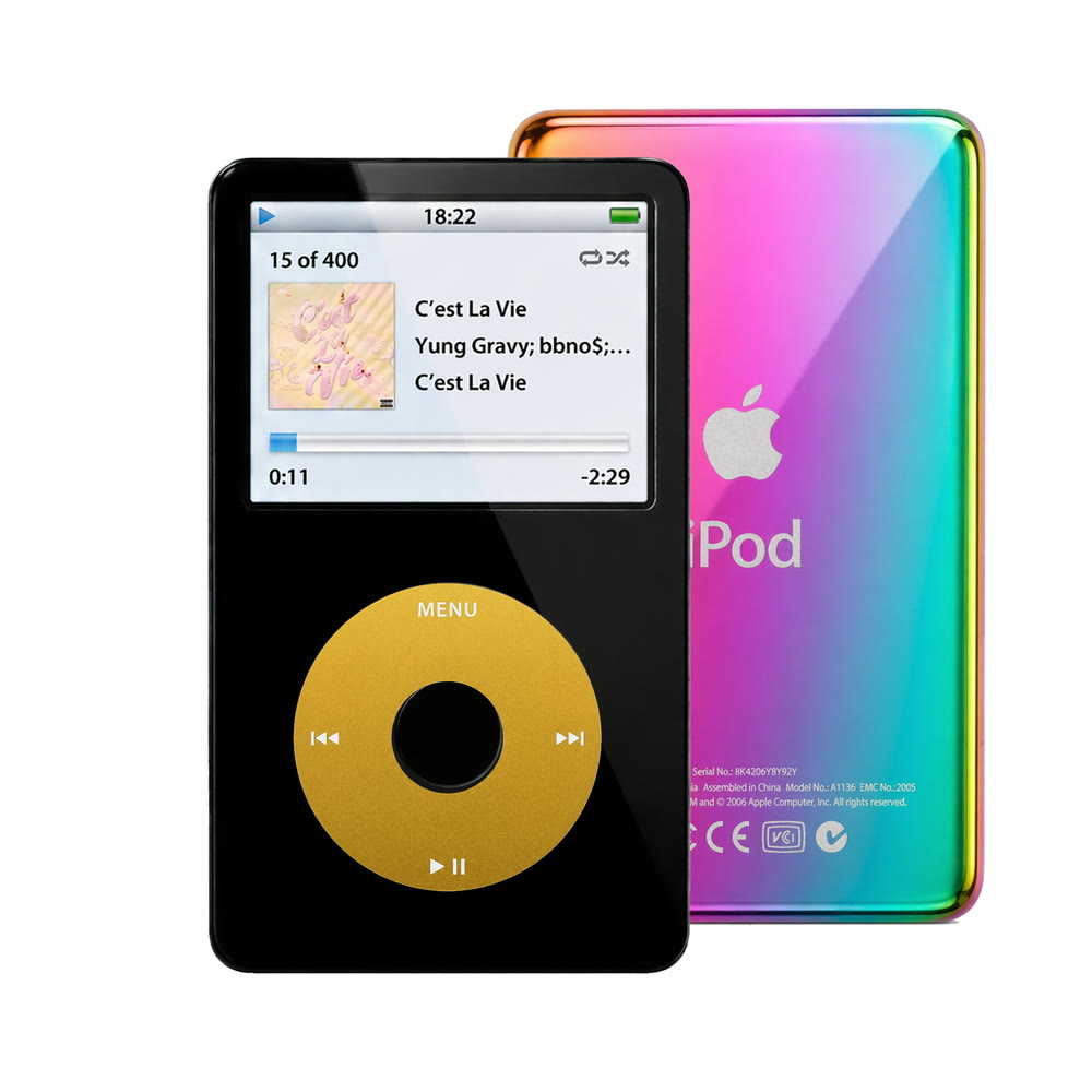 Black refurbished iPod Video 5.5 Gen with Yellow click wheel and Rainbow back plate