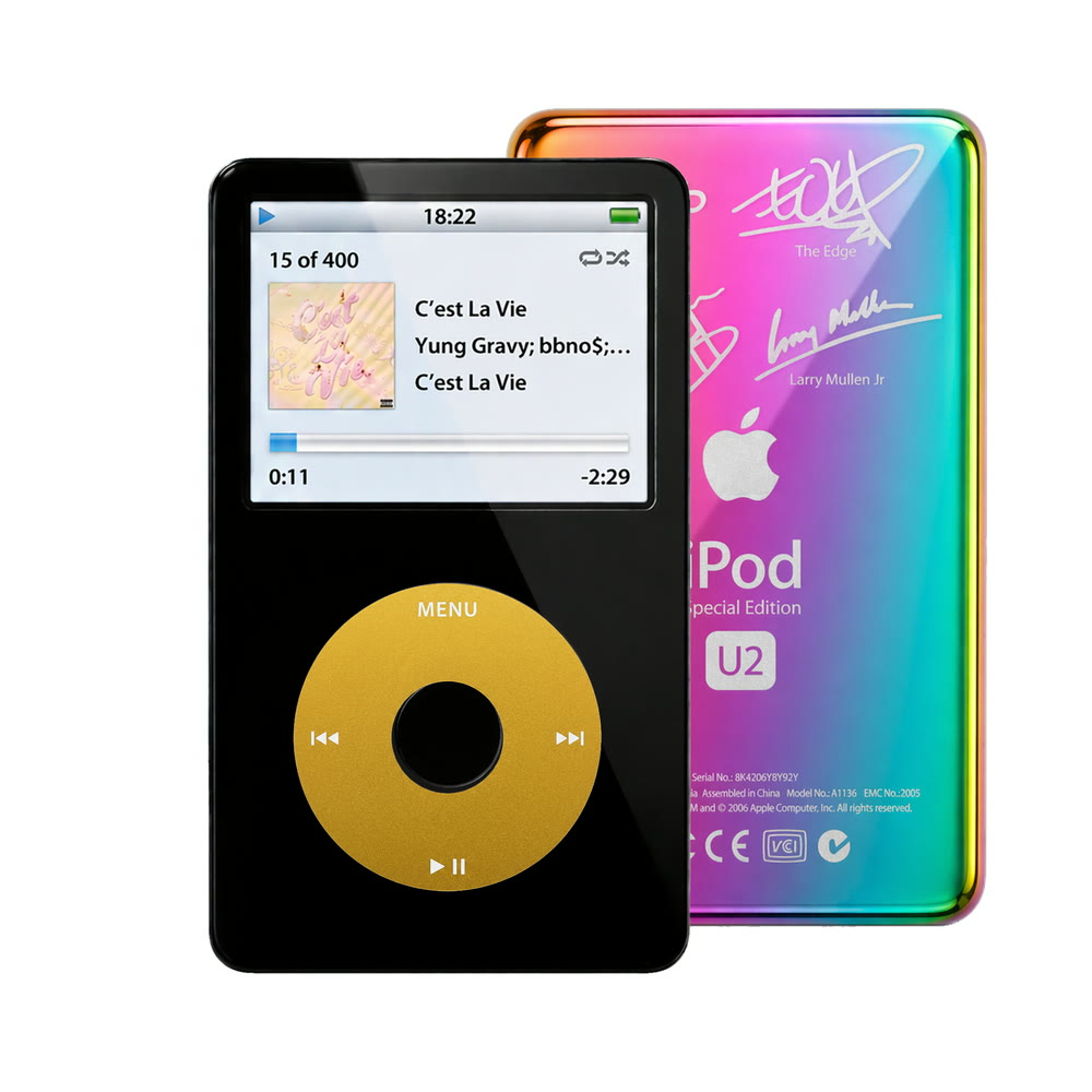 Black refurbished iPod Video 5.5 Gen with Yellow click wheel and Rainbow U2 back plate