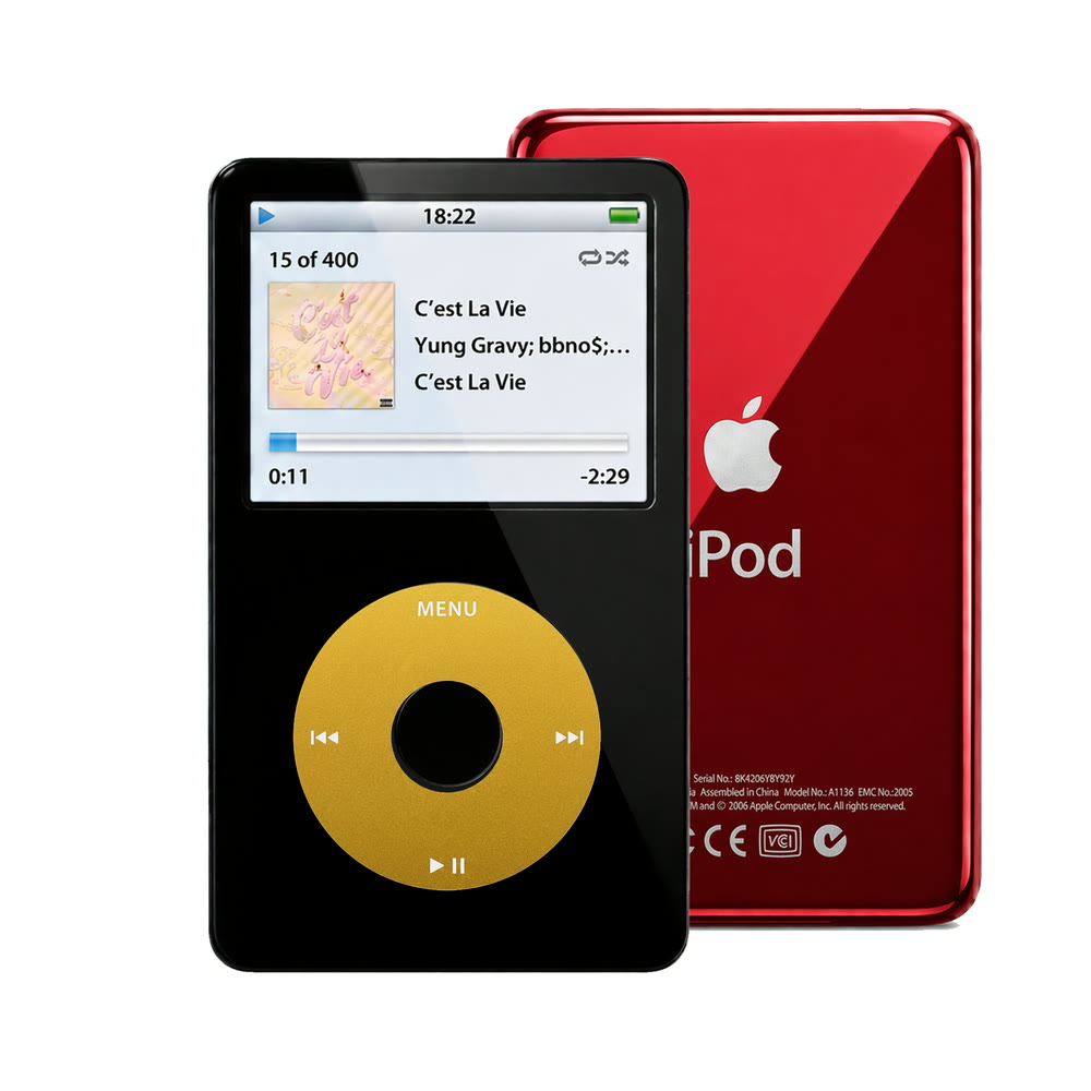Black refurbished iPod Video 5.5 Gen with Yellow click wheel and Red back plate