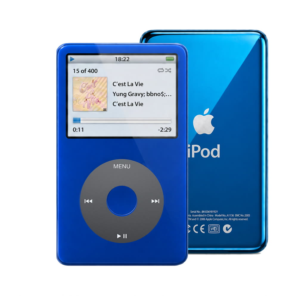 Blue refurbished iPod Video 5.5 Gen with Black click wheel and Blue back plate