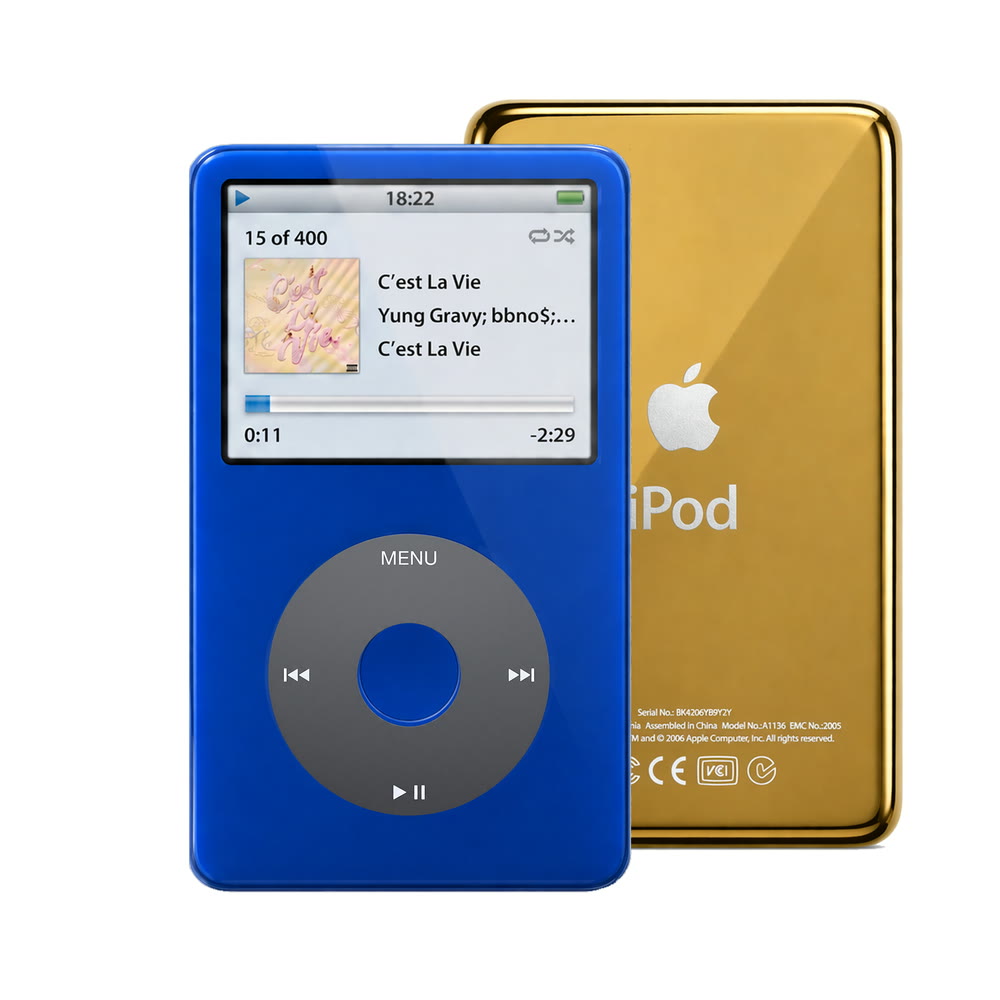 Blue refurbished iPod Video 5.5 Gen with Black click wheel and Gold back plate