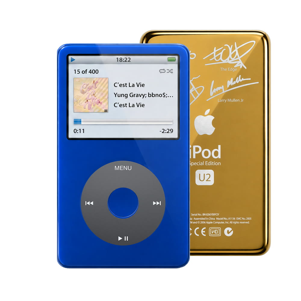 Blue refurbished iPod Video 5.5 Gen with Black click wheel and Gold U2 back plate