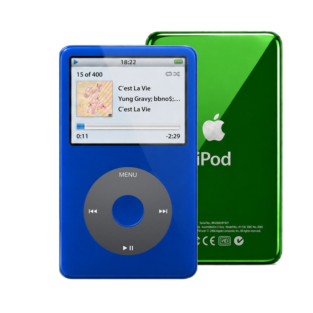 Blue refurbished iPod Video 5.5 Gen with Black click wheel and Green back plate