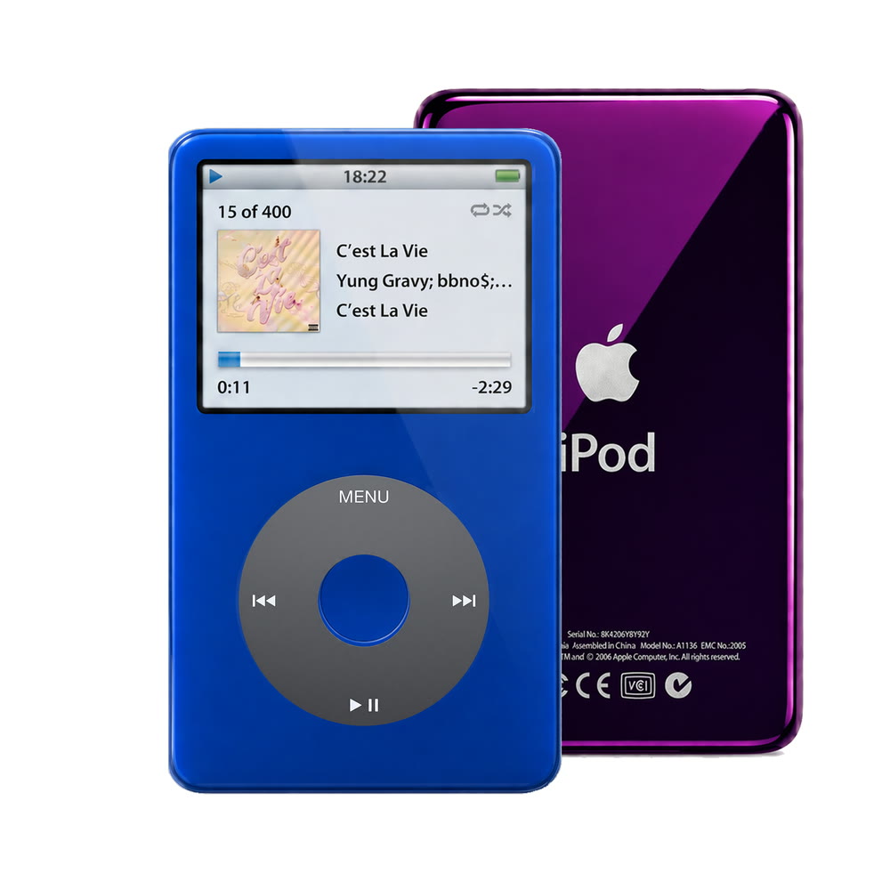 Blue refurbished iPod Video 5.5 Gen with Black click wheel and Purple back plate