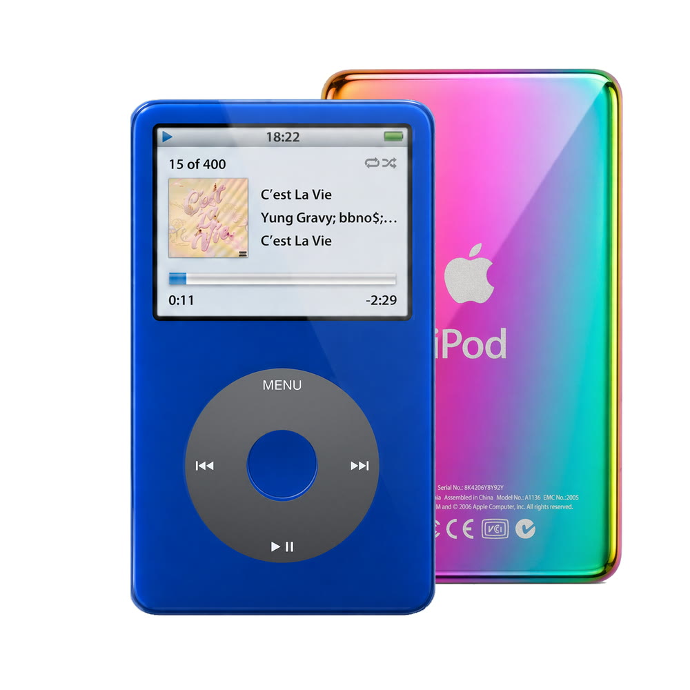 Blue refurbished iPod Video 5.5 Gen with Black click wheel and Rainbow back plate