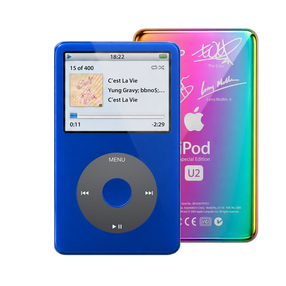 Blue refurbished iPod Video 5.5 Gen with Black click wheel and Rainbow U2 back plate