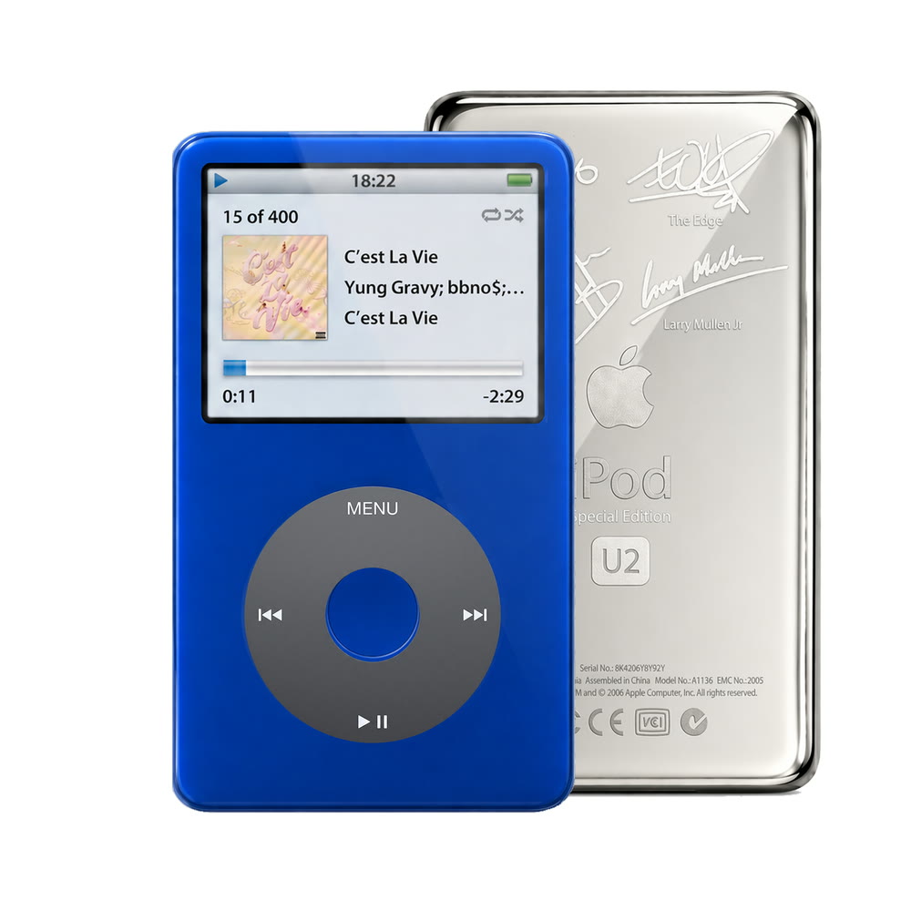 Blue refurbished iPod Video 5.5 Gen with Black click wheel and Silver U2 back plate