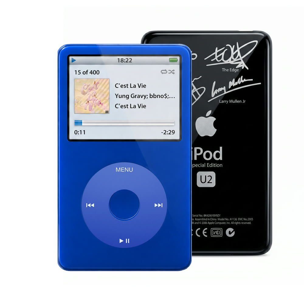 Blue refurbished iPod Video 5.5 Gen with Blue click wheel and Black U2 back plate