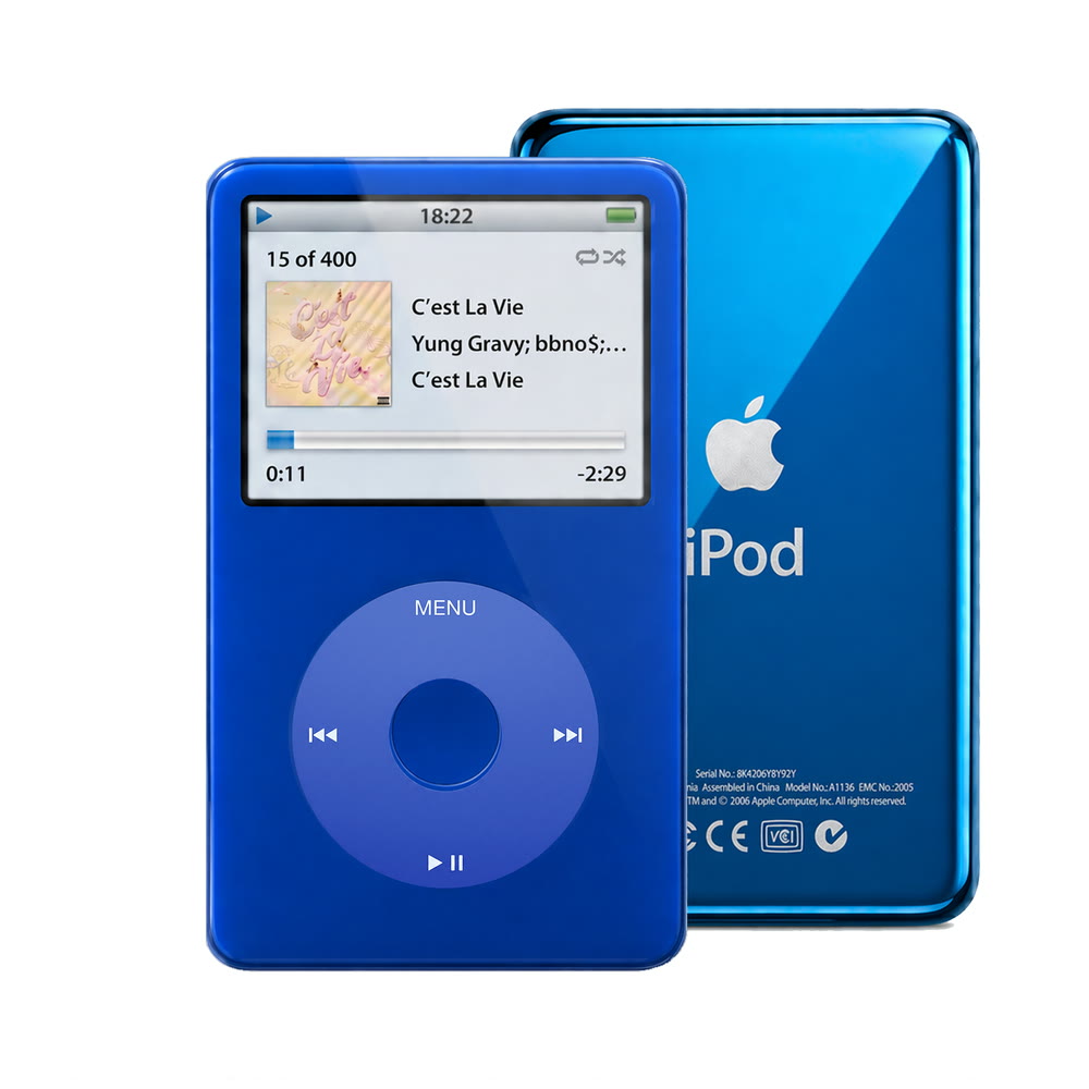 Blue refurbished iPod Video 5.5 Gen with Blue click wheel and Blue back plate