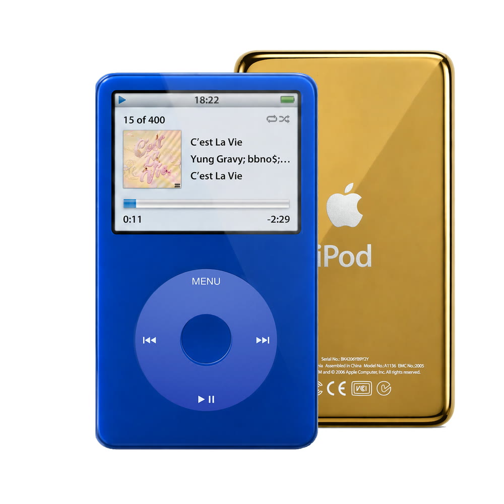 Blue refurbished iPod Video 5.5 Gen with Blue click wheel and Gold back plate