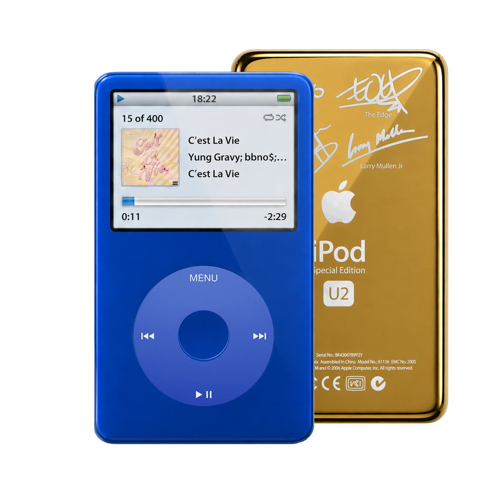 Blue refurbished iPod Video 5.5 Gen with Blue click wheel and Gold U2 back plate