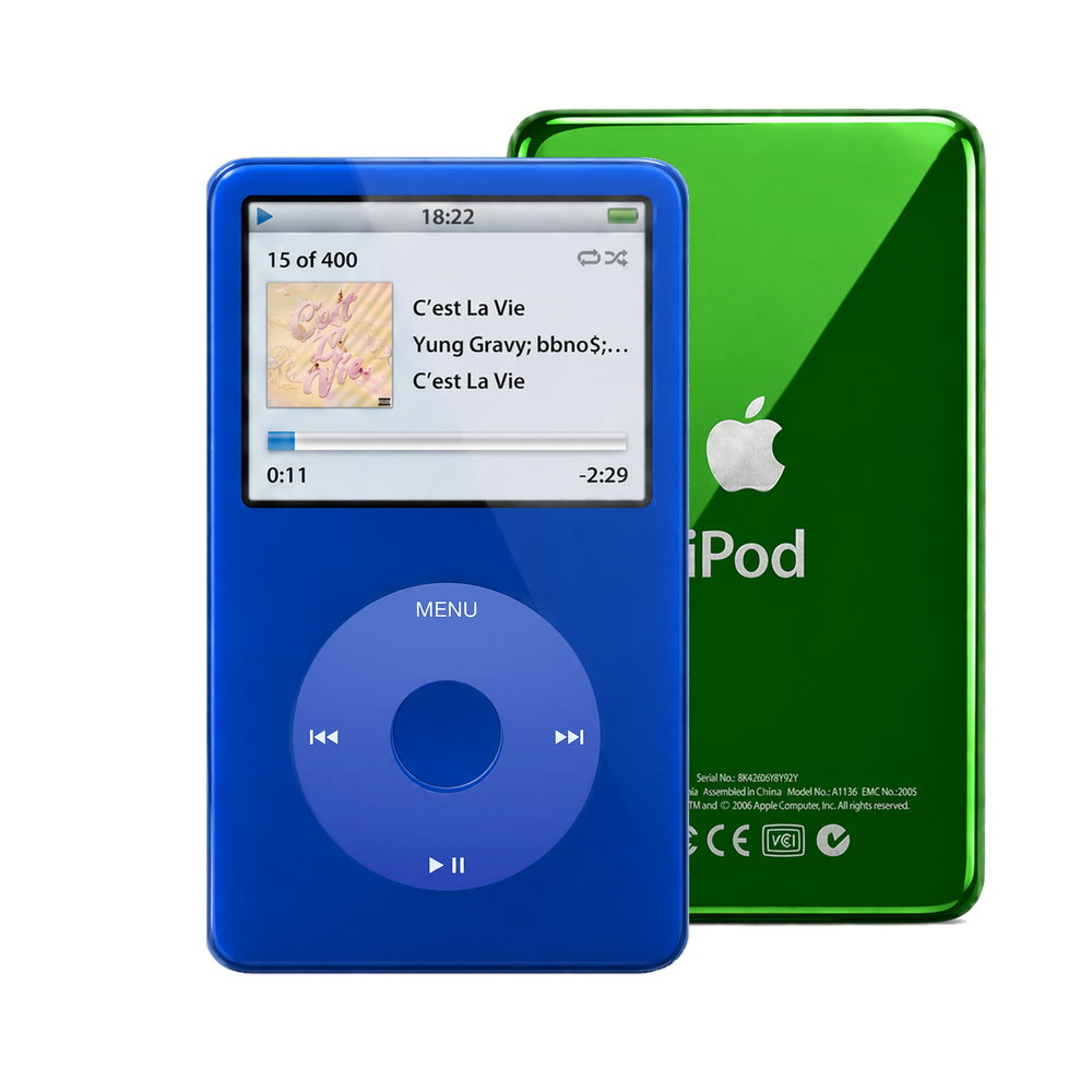 Blue refurbished iPod Video 5.5 Gen with Blue click wheel and Green back plate