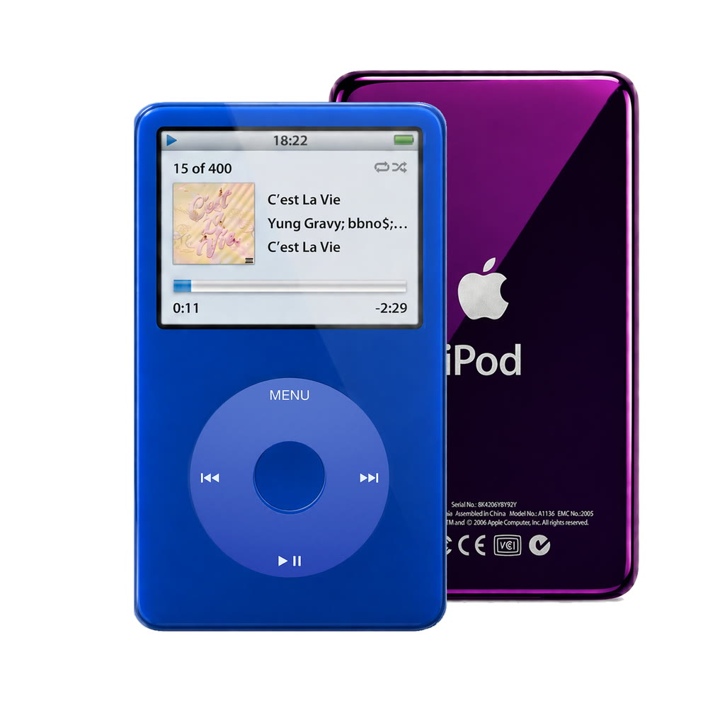 Blue refurbished iPod Video 5.5 Gen with Blue click wheel and Purple back plate